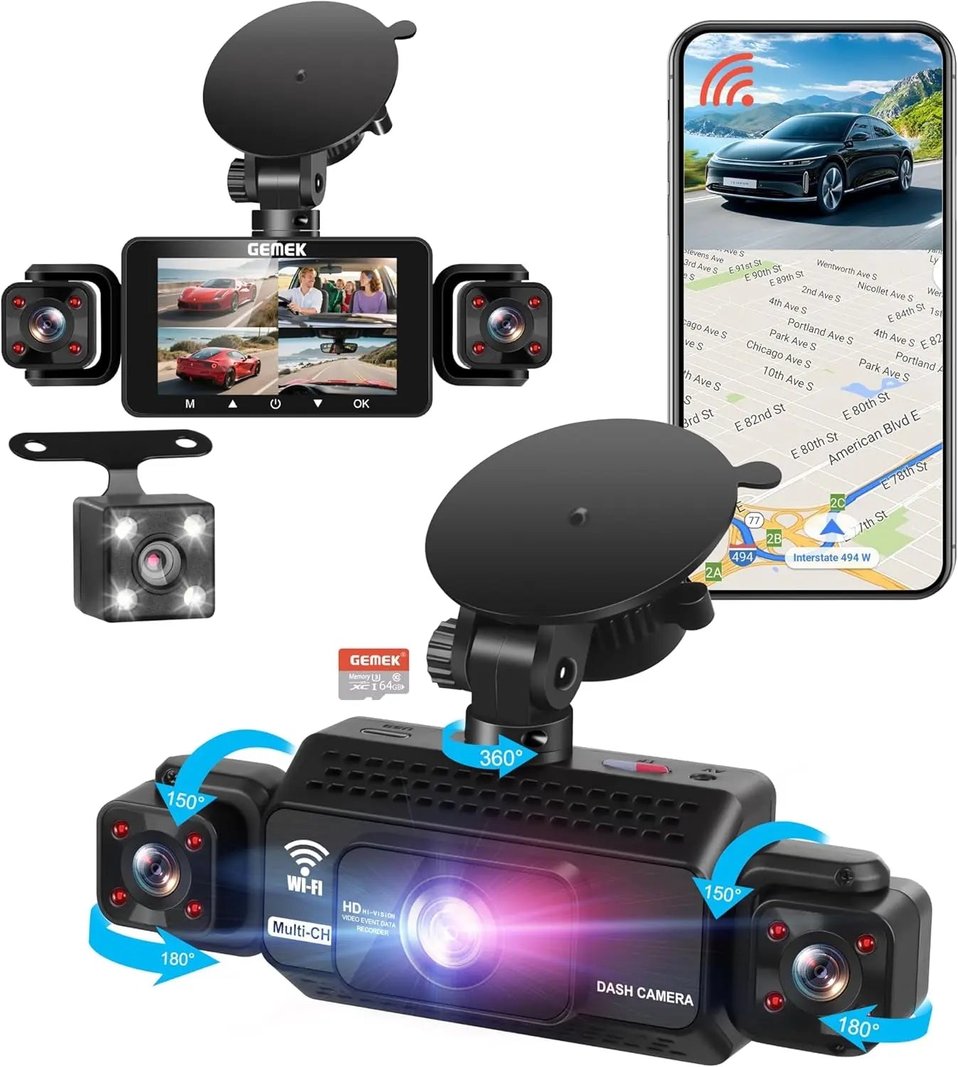 4 Channel Dash Cam 360° View 5G Wifi & APP Control, GEMEK 2K Front and Rear Inside, Left Right Dash Camera for Cars Free 64GB TF Card, G-Sensor, Night Vision, 24H Parking Mode
