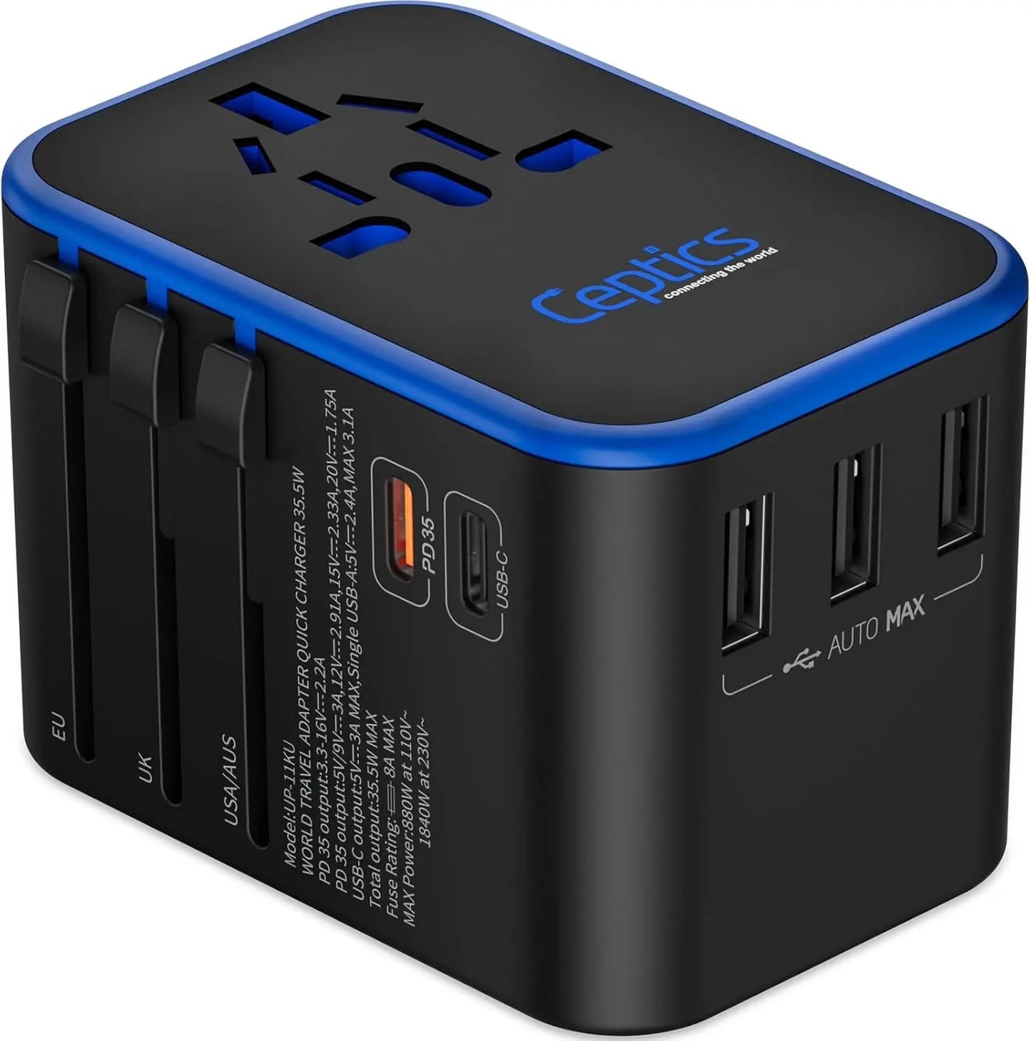 Ceptics Universal Travel Adapter, 35W International Power Adapter with PD & QC 3.0 Dual USB-C, 3 USB Travel Adapter Worldwide, Type I C G a Outlets 110V 220V A/C - EU Euro US UK (11-KU)