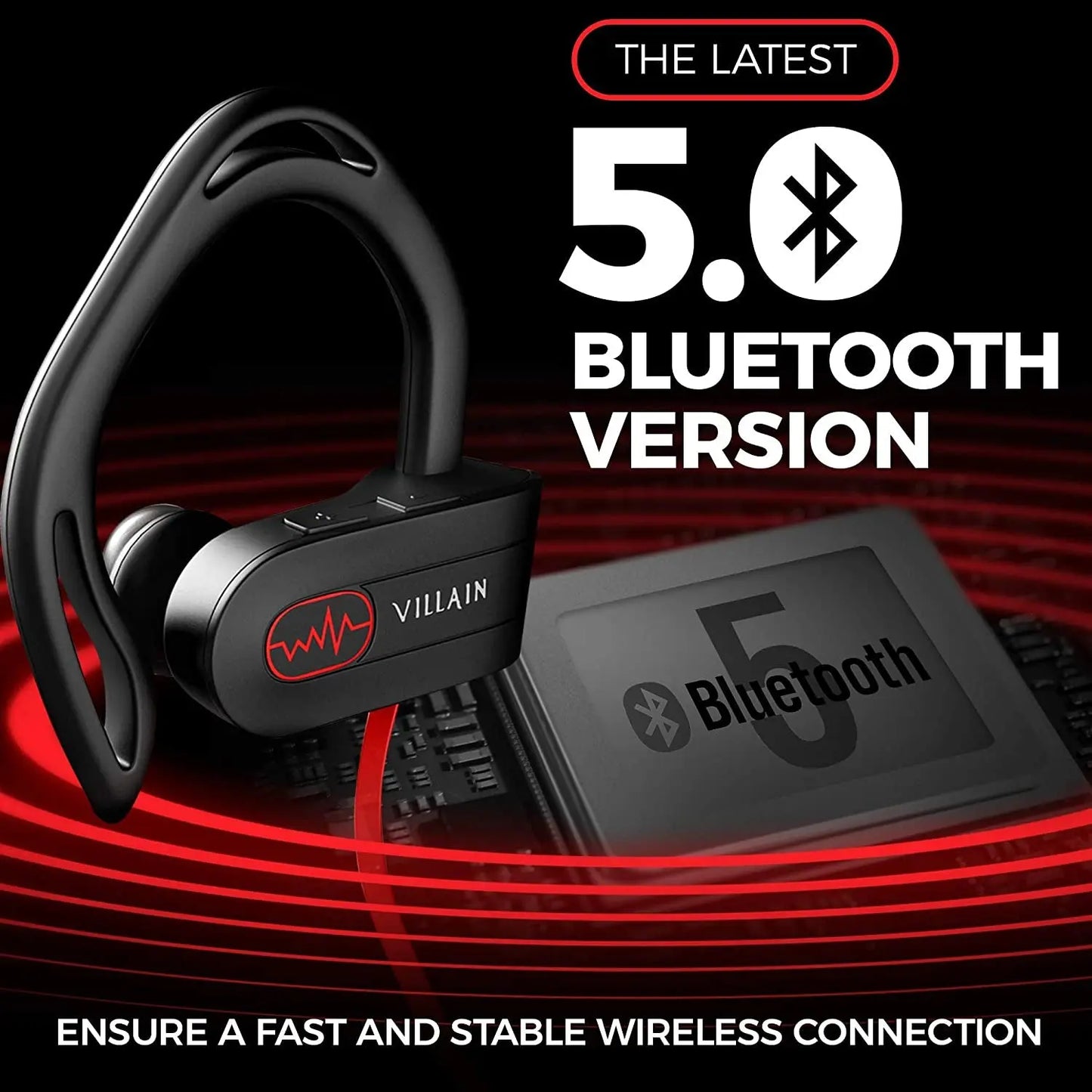 Villain Sport Headphones | Running Headphones | Workout Headphones | Gym Headphones | Wireless Bluetooth Earbuds IPX7 Hifi HD Sound with Thumping Bass