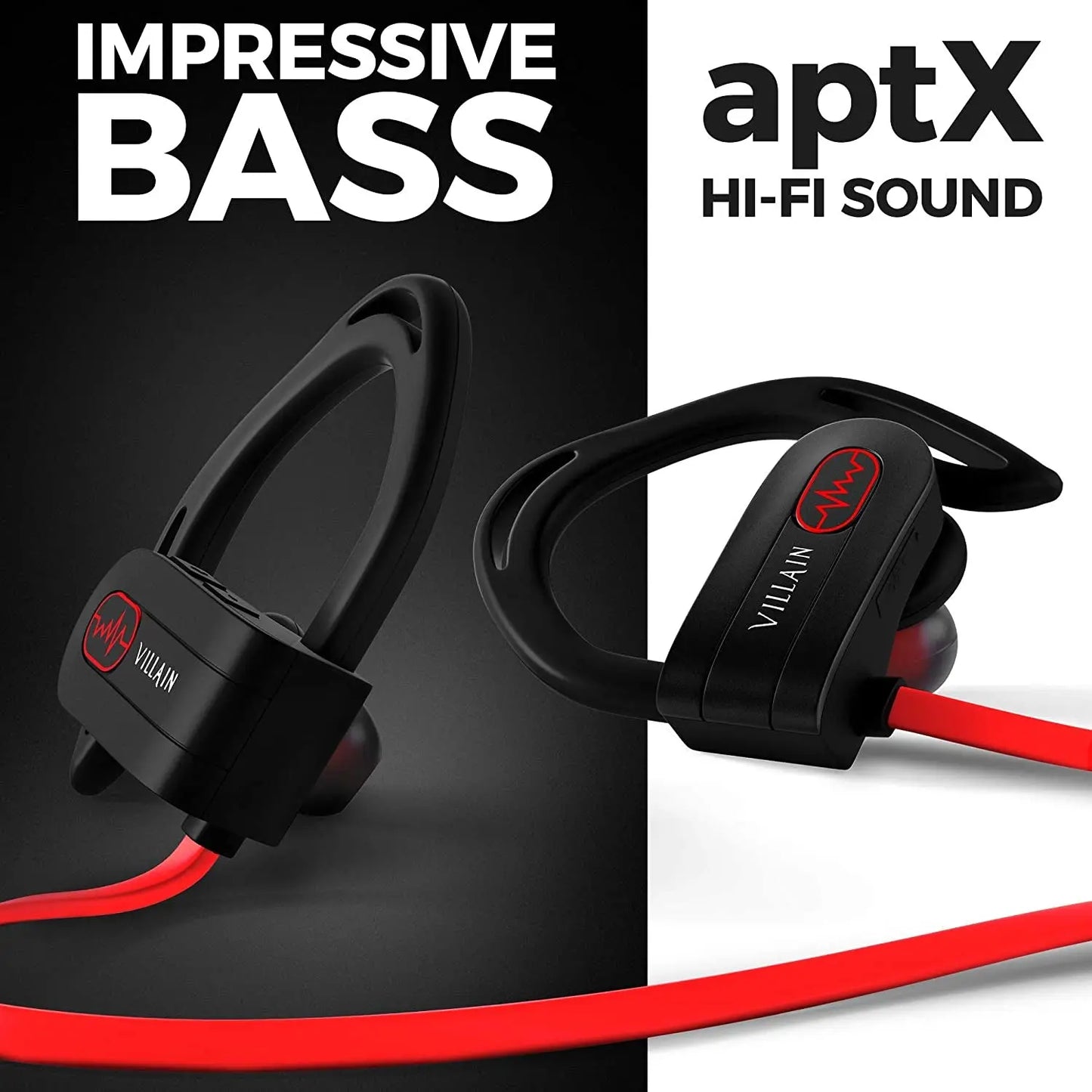 Villain Sport Headphones | Running Headphones | Workout Headphones | Gym Headphones | Wireless Bluetooth Earbuds IPX7 Hifi HD Sound with Thumping Bass