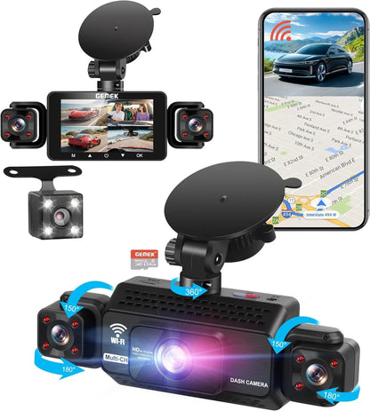4 Channel Dash Cam 360° View 5G Wifi & APP Control, GEMEK 2K Front and Rear Inside, Left Right Dash Camera for Cars Free 64GB TF Card, G-Sensor, Night Vision, 24H Parking Mode