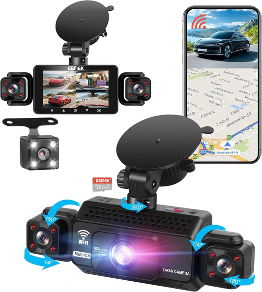 4 Channel Dash Cam 360° View 5G Wifi & APP Control, GEMEK 2K Front and Rear Inside, Left Right Dash Camera for Cars Free 64GB TF Card, G-Sensor, Night Vision, 24H Parking Mode