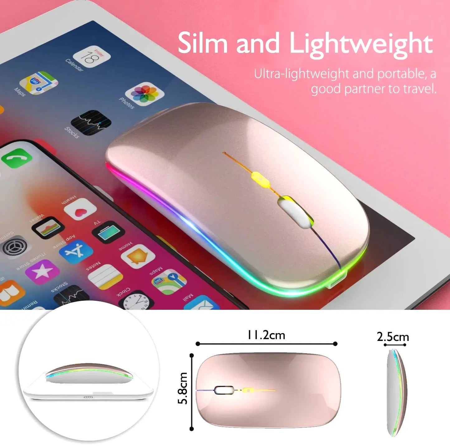 2.4Ghz Wireless Mouse Bluetooth Mouse Mice Rechargeable Mouse Silent Mouse LED Backlit USB Gaming Mouse 1600DPI for PC Laptop
