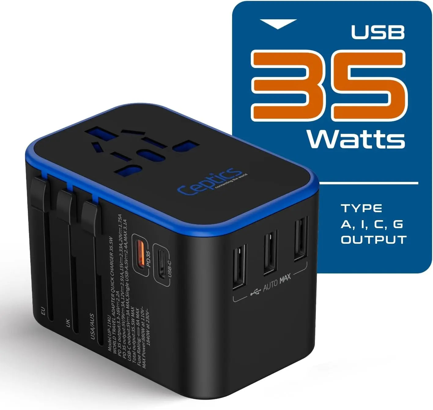 Ceptics Universal Travel Adapter, 35W International Power Adapter with PD & QC 3.0 Dual USB-C, 3 USB Travel Adapter Worldwide, Type I C G a Outlets 110V 220V A/C - EU Euro US UK (11-KU)