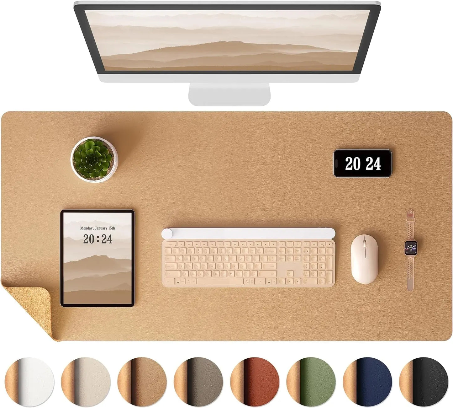 Aothia Dual-Sided Desk Pad - Leather Desk Mat, Natural Cork Desk Pad Protector, Large Mouse Pad for Desk, Waterproof Desk Blotter Pad, Desk Writing Pad for Office Work/Home, Apricot(25.6"X13.7")