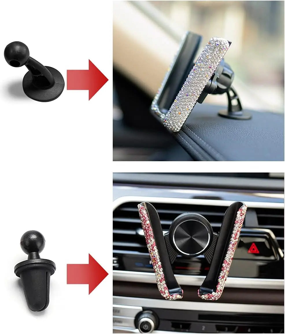 SHENYI Bling Car Phone Holder Car Phone Mount, Mini Car Air Vent Rhinestone Cell Phone Holder, Universal Phone Mount Holder Car Shiny Accessories for Women with Bling Car Coaster (White)