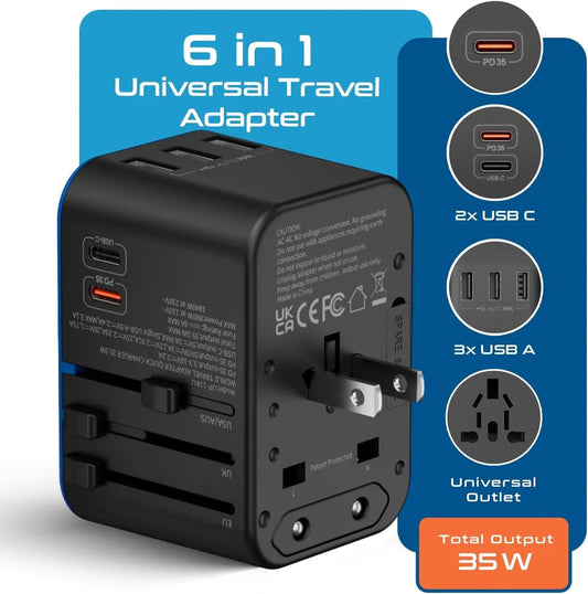 Ceptics Universal Travel Adapter, 35W International Power Adapter with PD & QC 3.0 Dual USB-C, 3 USB Travel Adapter Worldwide, Type I C G a Outlets 110V 220V A/C - EU Euro US UK (11-KU)