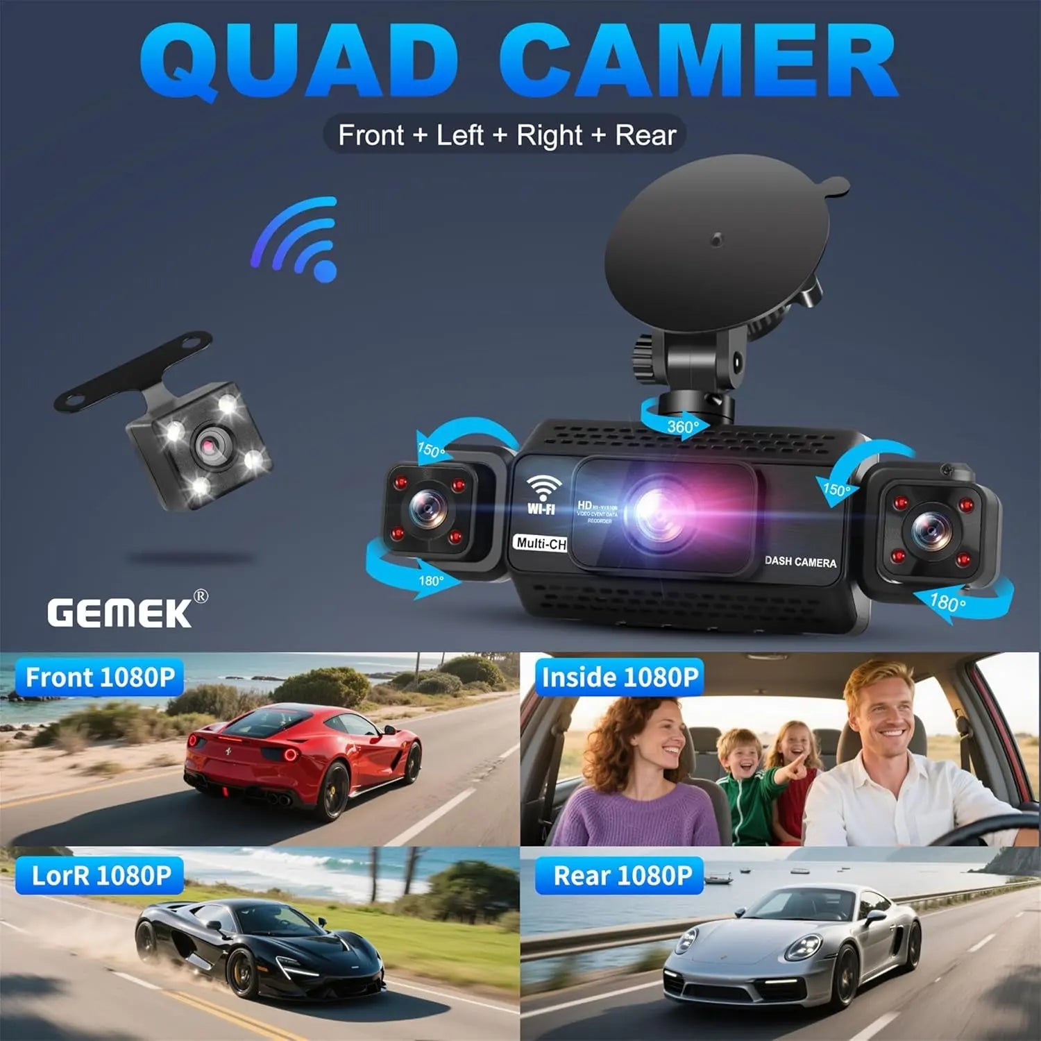 4 Channel Dash Cam 360° View 5G Wifi & APP Control, GEMEK 2K Front and Rear Inside, Left Right Dash Camera for Cars Free 64GB TF Card, G-Sensor, Night Vision, 24H Parking Mode