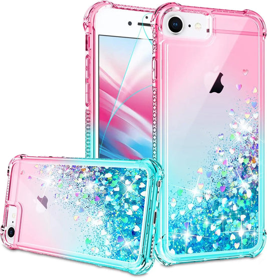 Gritup Iphone SE 2020 Case, Iphone 6/6S/7/8 Case with HD Screen Protector for Girls Women, Cute Clear Gradient Glitter Liquid TPU Slim Phone Case for Apple Iphone SE 2020/6/6S/7/8 Pink/Teal