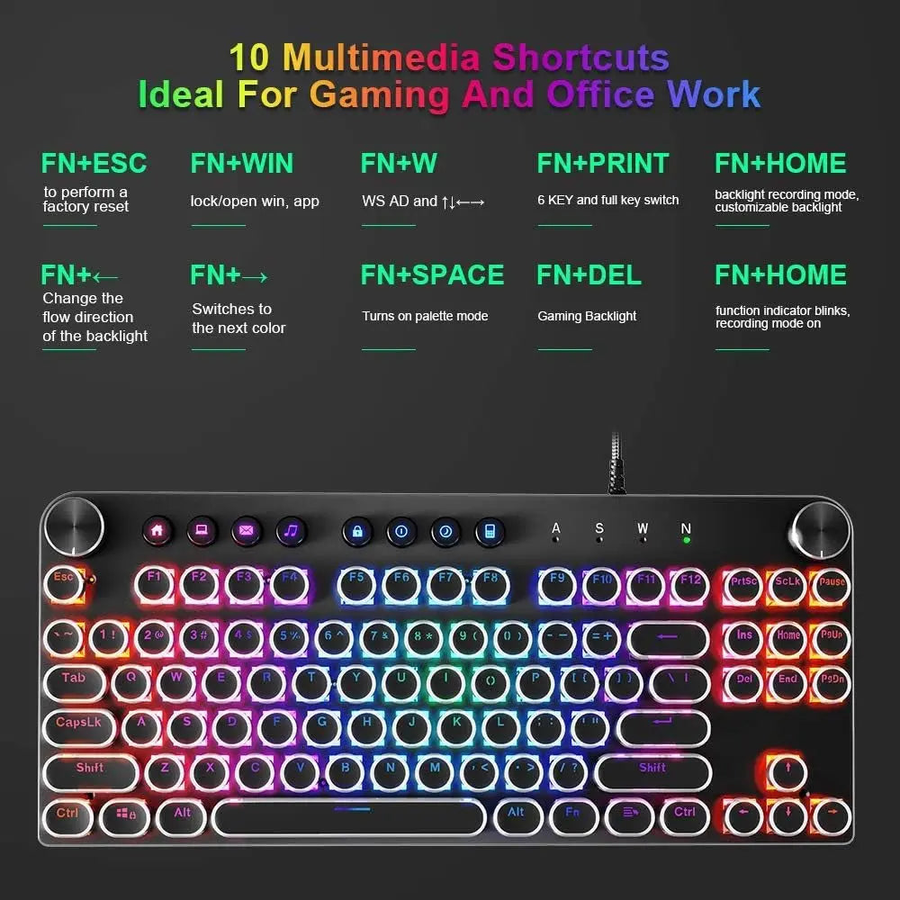 STOGA Mechanical Keyboard, 87 Keys Brown Switch RGB Keyboard with Media Control Knobs, Retro round Keys Gaming Keyboard, Black