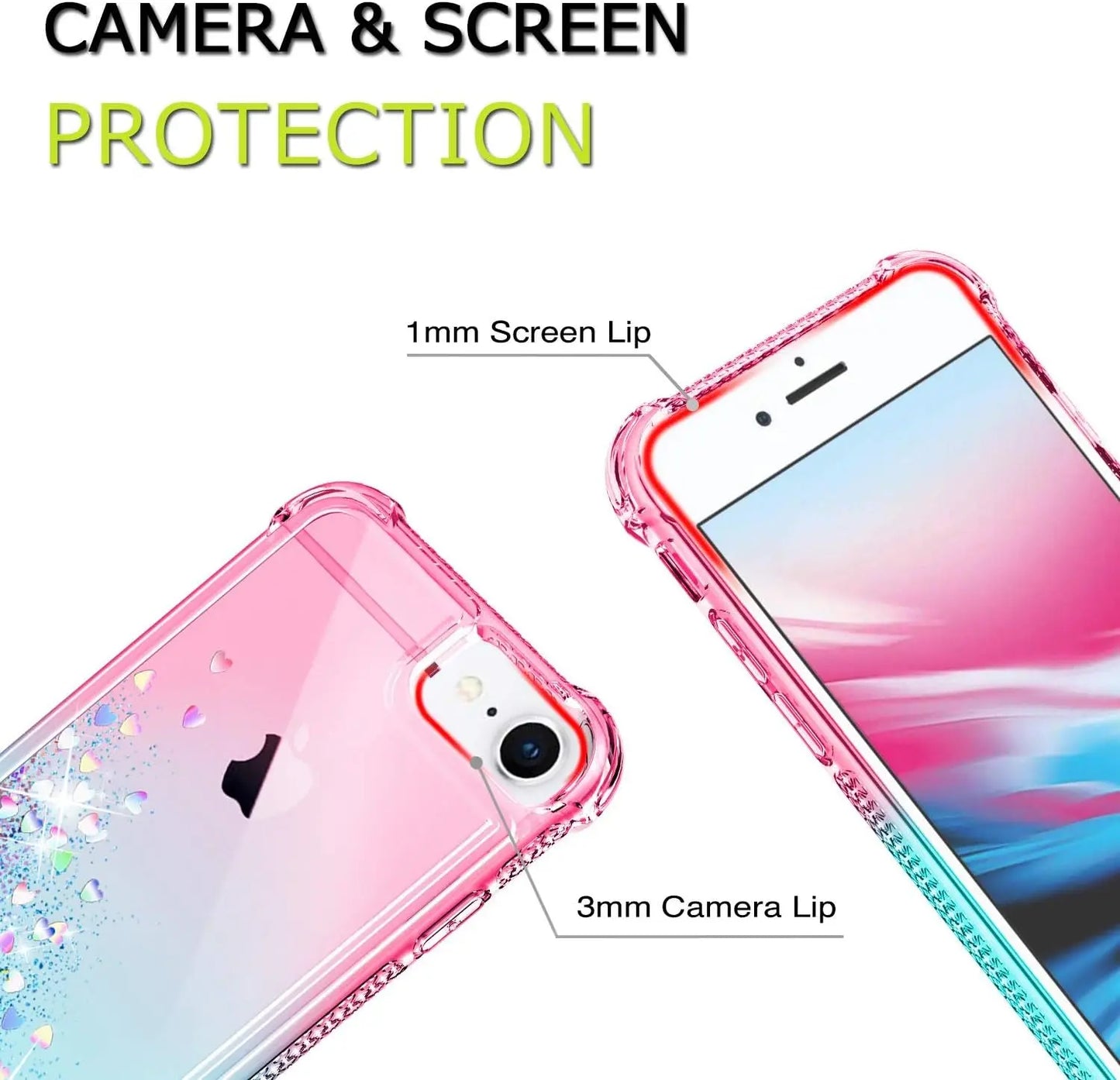 Gritup Iphone SE 2020 Case, Iphone 6/6S/7/8 Case with HD Screen Protector for Girls Women, Cute Clear Gradient Glitter Liquid TPU Slim Phone Case for Apple Iphone SE 2020/6/6S/7/8 Pink/Teal