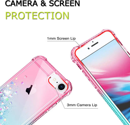 Gritup Iphone SE 2020 Case, Iphone 6/6S/7/8 Case with HD Screen Protector for Girls Women, Cute Clear Gradient Glitter Liquid TPU Slim Phone Case for Apple Iphone SE 2020/6/6S/7/8 Pink/Teal