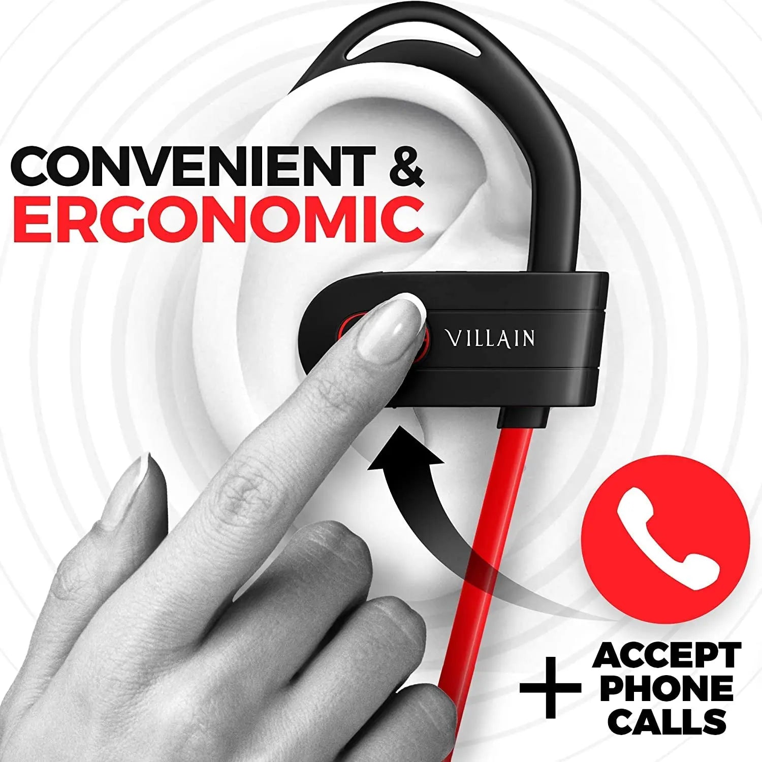 Villain Sport Headphones | Running Headphones | Workout Headphones | Gym Headphones | Wireless Bluetooth Earbuds IPX7 Hifi HD Sound with Thumping Bass