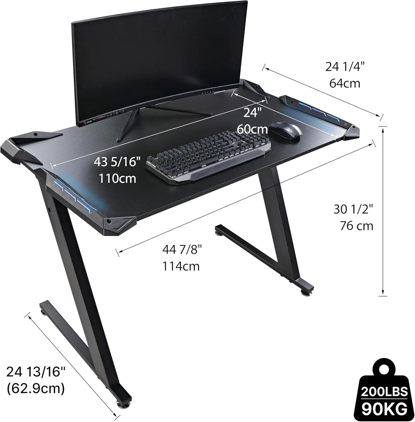 EUREKA ERGONOMIC Gaming Desk with LED Lights Home Office RGB Table, Small Gaming Desk, Computer Table, Black