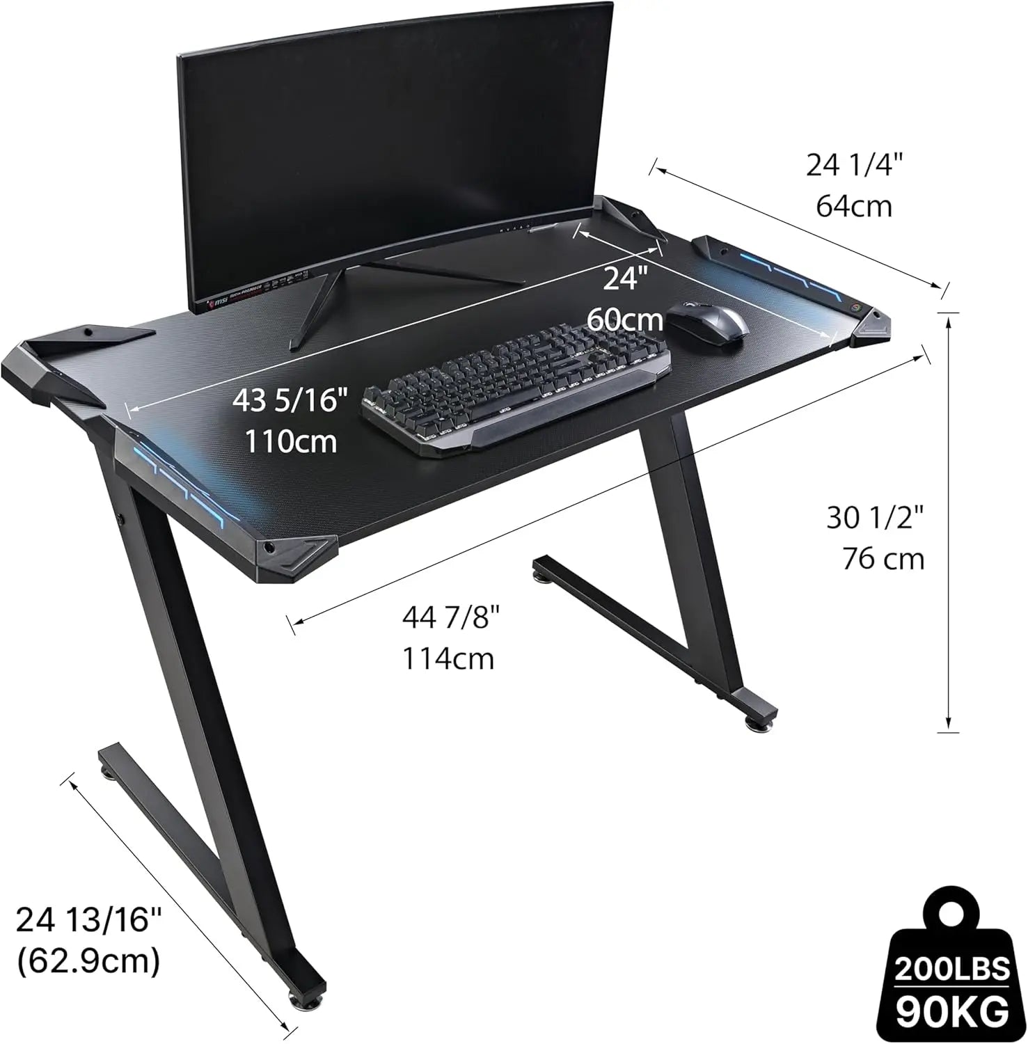 EUREKA ERGONOMIC Gaming Desk with LED Lights Home Office RGB Table, Small Gaming Desk, Computer Table, Black
