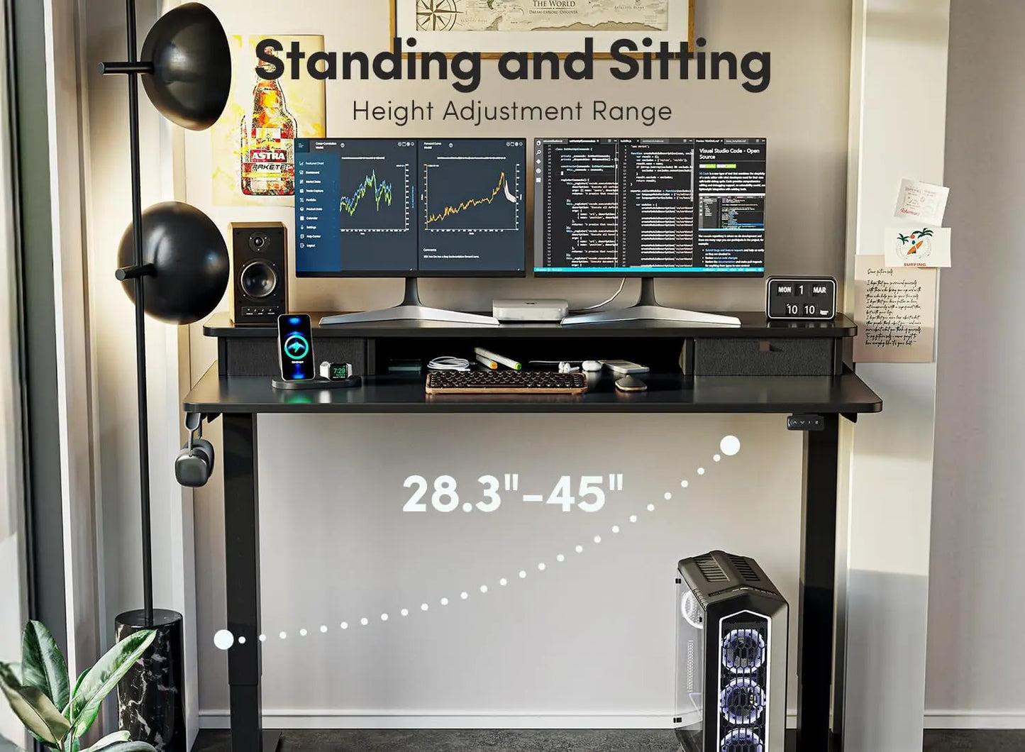 FEZIBO 55 X 24 Inch Height Adjustable Electric Standing Desk with Double Drawer, Stand up Home Office Computer Desk with 4 Height-Adjustable Feets & 2 Hooks, Black