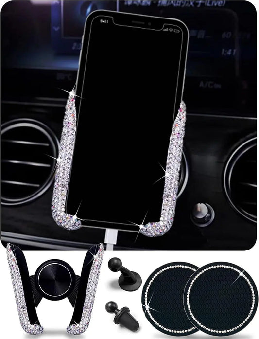 SHENYI Bling Car Phone Holder Car Phone Mount, Mini Car Air Vent Rhinestone Cell Phone Holder, Universal Phone Mount Holder Car Shiny Accessories for Women with Bling Car Coaster (White)