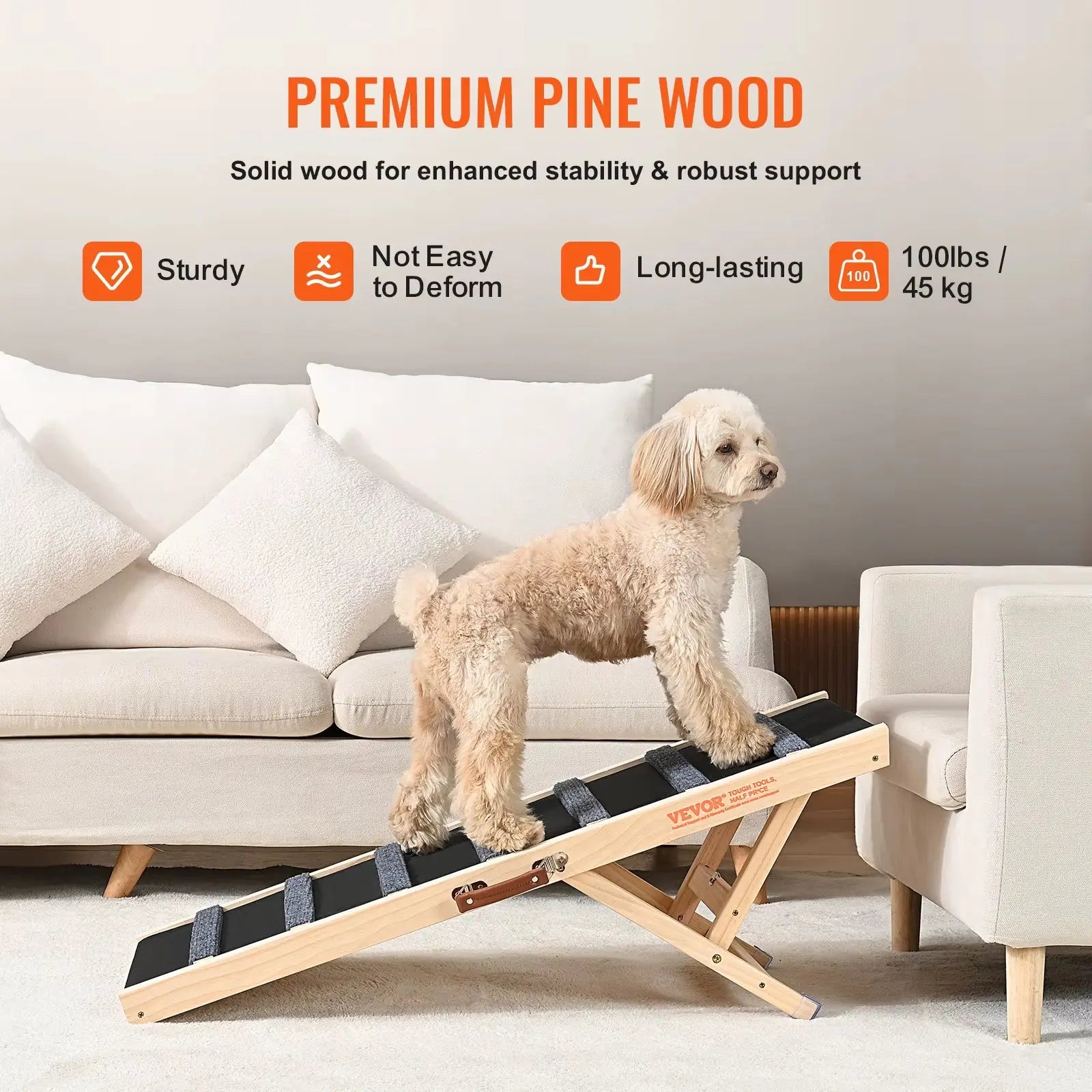 Succebuy Dog Ramp Folding Ladder Anti-Slip High Adjustable Wooden Pet Ramp Removable for Small Old Dog Climbing Stairs Sofa Car