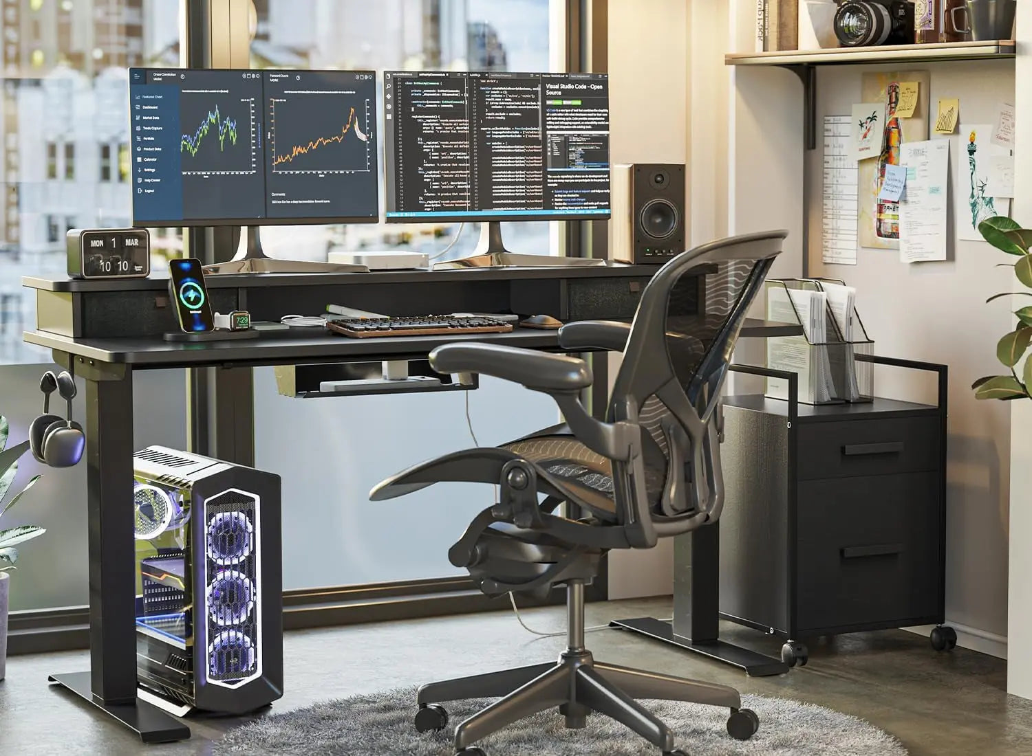 FEZIBO 55 X 24 Inch Height Adjustable Electric Standing Desk with Double Drawer, Stand up Home Office Computer Desk with 4 Height-Adjustable Feets & 2 Hooks, Black