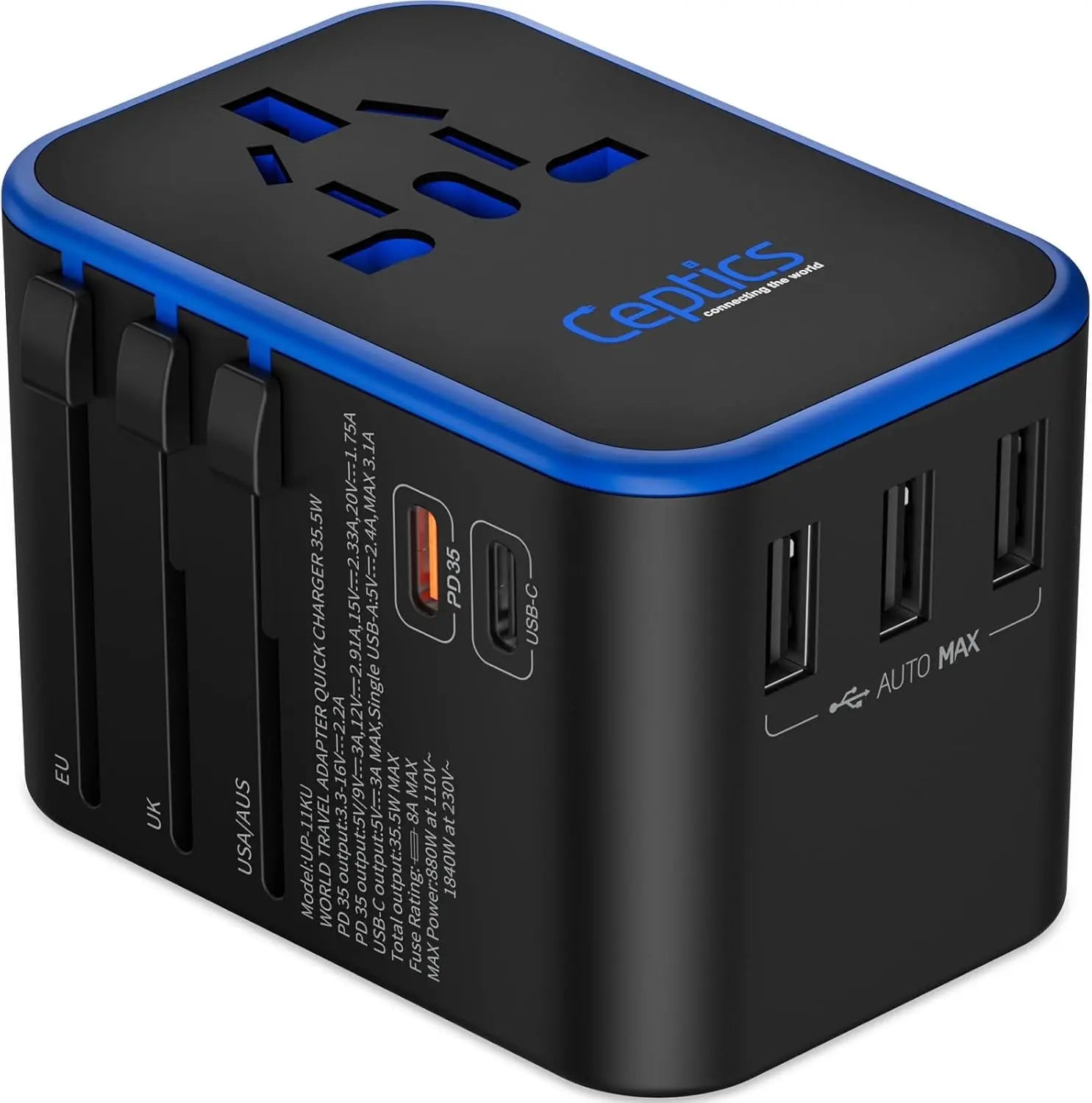 Ceptics Universal Travel Adapter, 35W International Power Adapter with PD & QC 3.0 Dual USB-C, 3 USB Travel Adapter Worldwide, Type I C G a Outlets 110V 220V A/C - EU Euro US UK (11-KU)