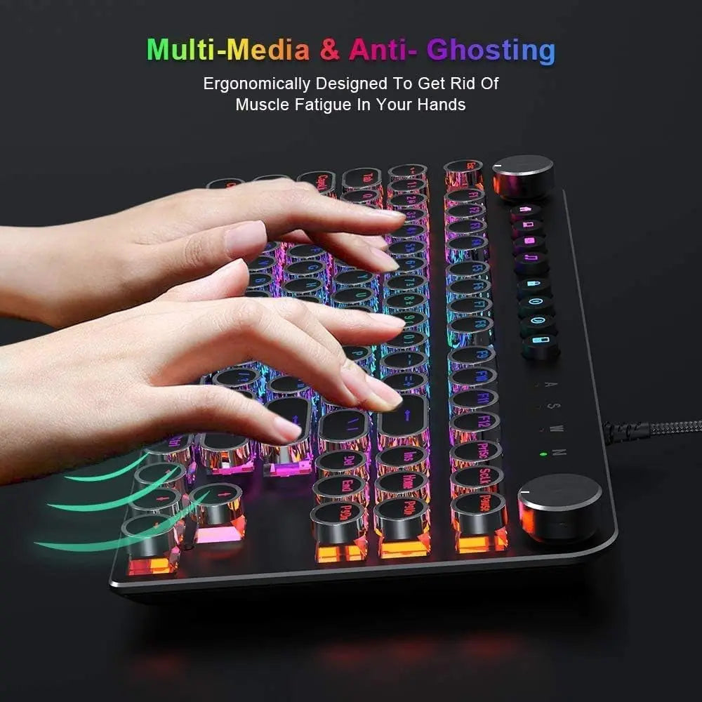 STOGA Mechanical Keyboard, 87 Keys Brown Switch RGB Keyboard with Media Control Knobs, Retro round Keys Gaming Keyboard, Black
