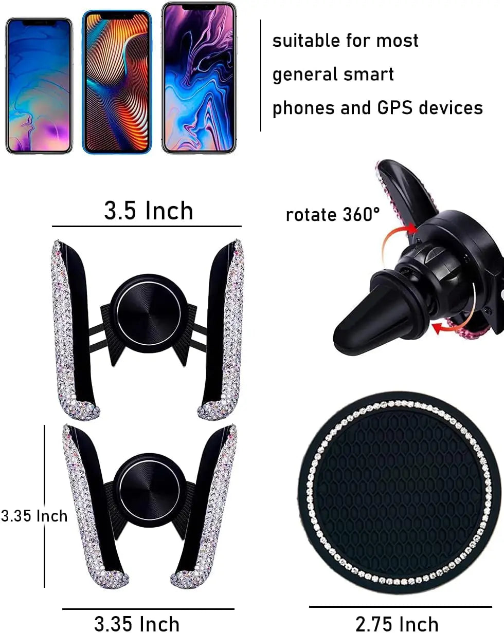 SHENYI Bling Car Phone Holder Car Phone Mount, Mini Car Air Vent Rhinestone Cell Phone Holder, Universal Phone Mount Holder Car Shiny Accessories for Women with Bling Car Coaster (White)