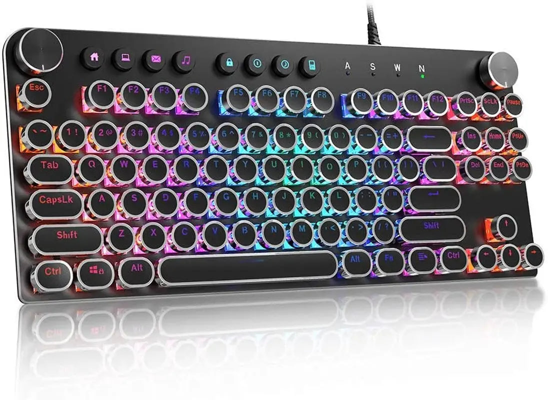 STOGA Mechanical Keyboard, 87 Keys Brown Switch RGB Keyboard with Media Control Knobs, Retro round Keys Gaming Keyboard, Black