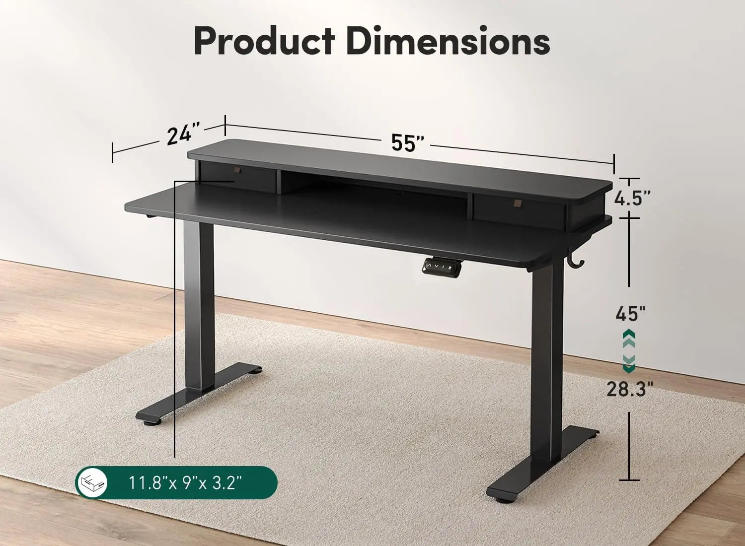FEZIBO 55 X 24 Inch Height Adjustable Electric Standing Desk with Double Drawer, Stand up Home Office Computer Desk with 4 Height-Adjustable Feets & 2 Hooks, Black