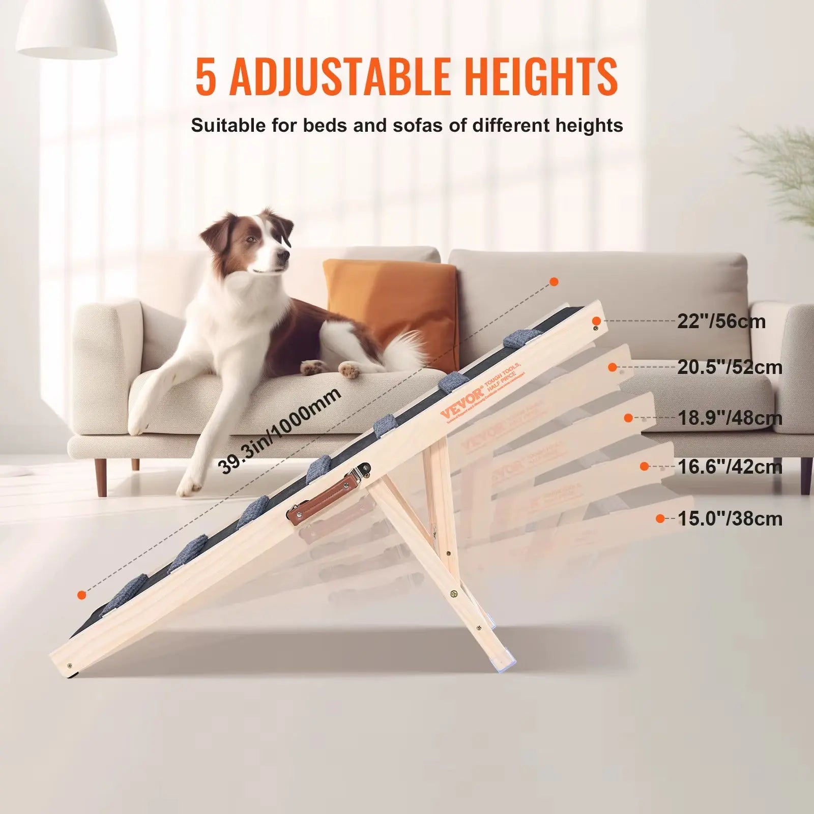 Succebuy Dog Ramp Folding Ladder Anti-Slip High Adjustable Wooden Pet Ramp Removable for Small Old Dog Climbing Stairs Sofa Car