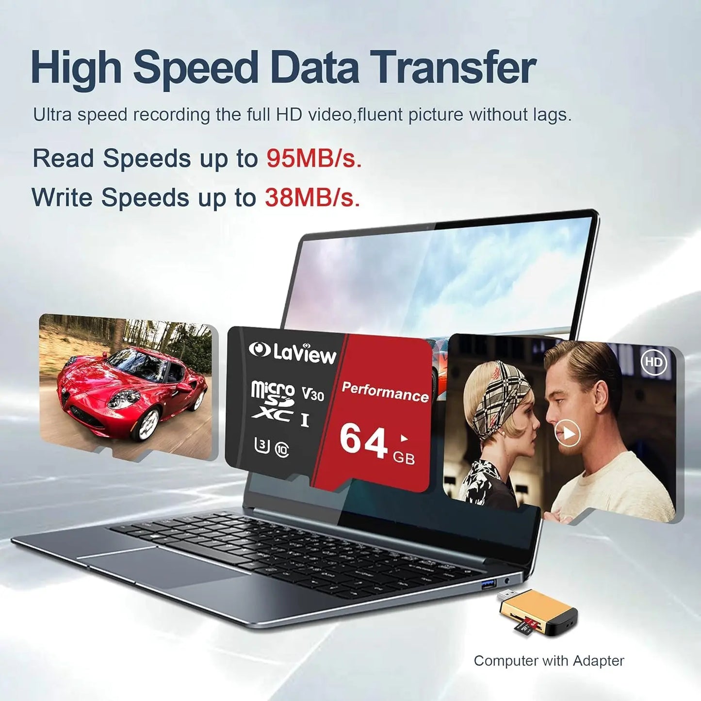 Laview 64GB Micro SD Card, Micro SDXC UHS-I Memory Card – 95Mb/S,633X,U3,C10, Full HD Video V30, A1, FAT32, High Speed Flash TF Card P500 for Computer with Adapter/Phone/Tablet/Pc