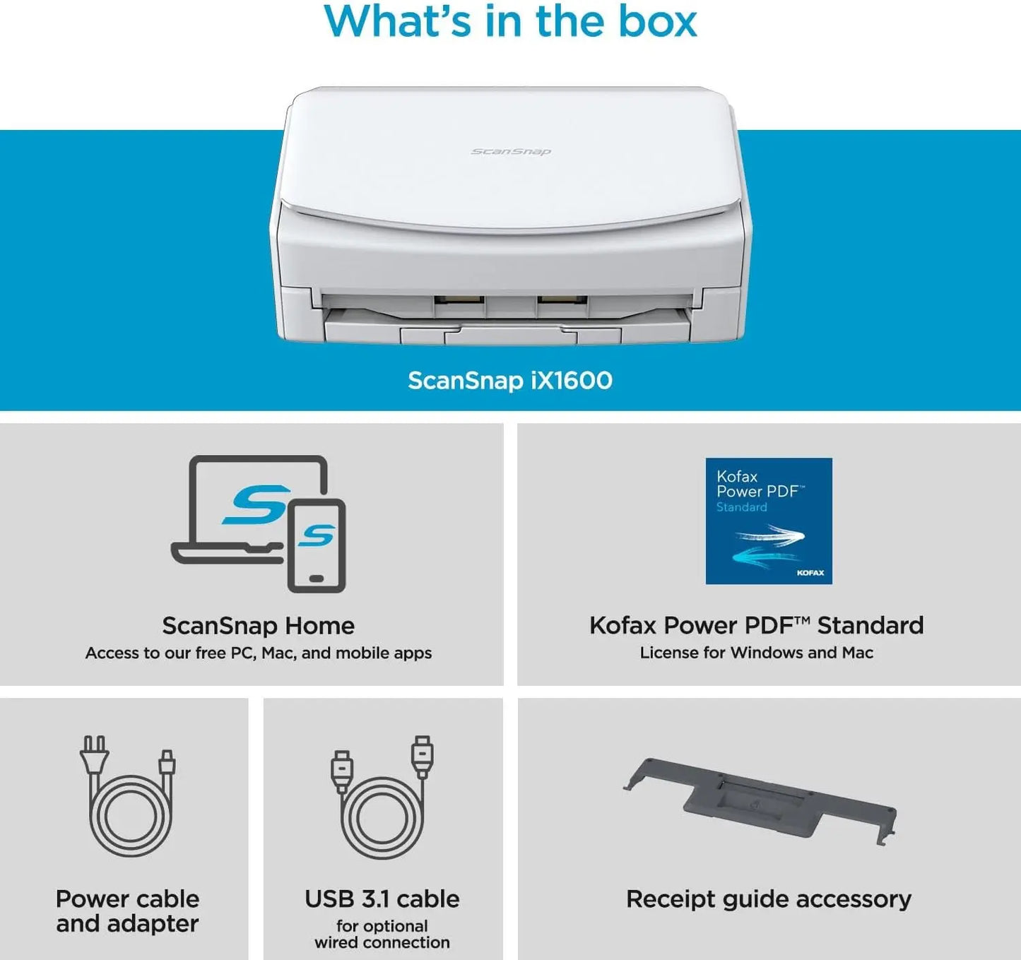Scansnap Ix1600 Wireless or USB High-Speed Cloud Enabled Document, Photo & Receipt Scanner with Large Touchscreen and Auto Document Feeder for Mac or PC, White