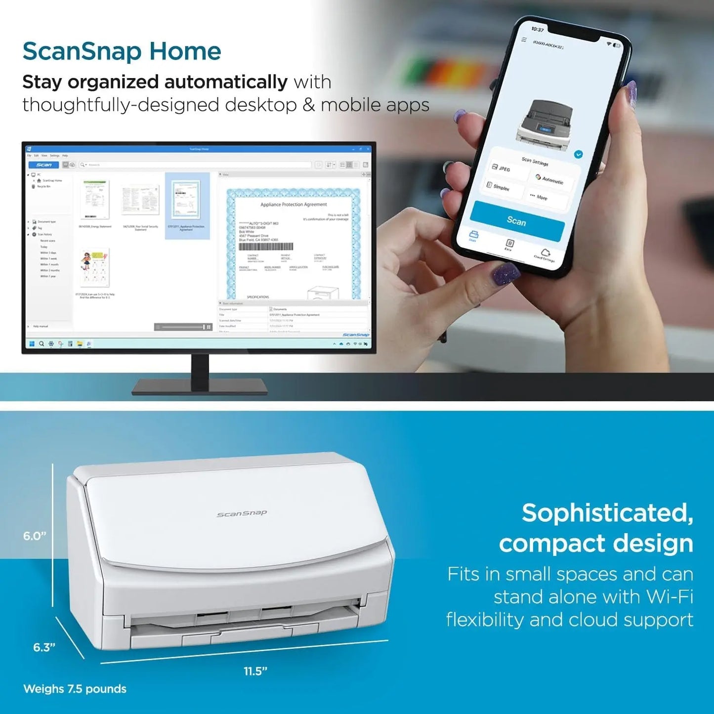 Scansnap Ix1600 Wireless or USB High-Speed Cloud Enabled Document, Photo & Receipt Scanner with Large Touchscreen and Auto Document Feeder for Mac or PC, White