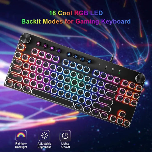 STOGA Mechanical Keyboard, 87 Keys Brown Switch RGB Keyboard with Media Control Knobs, Retro round Keys Gaming Keyboard, Black