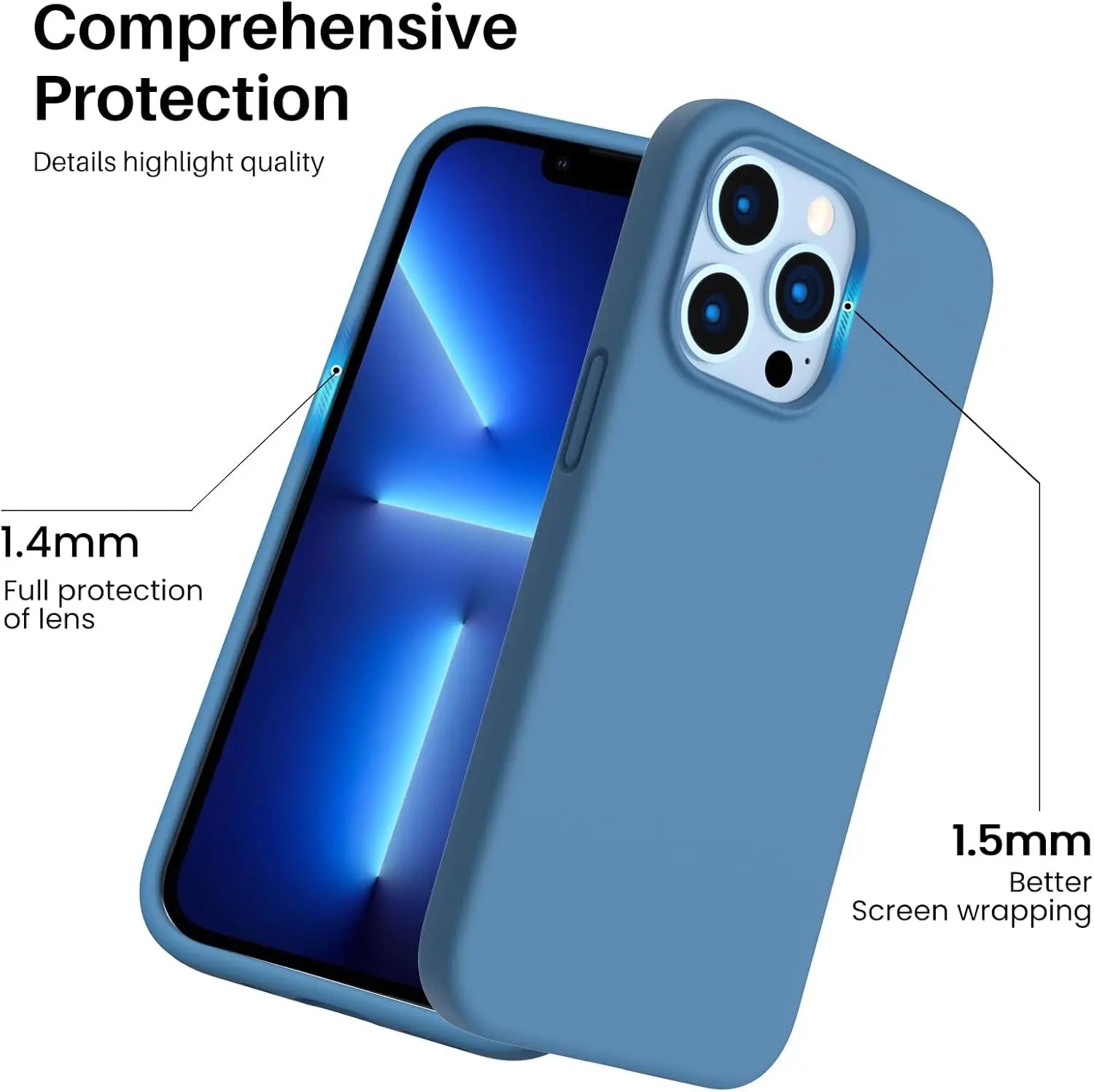 ORNARTO Shockproof Liquid Silicone Designed for Iphone 13 Pro Case Gel Rubber Comprehensive Protection Anti-Shock Cover Case Drop Protection 6.1Inch-Blue