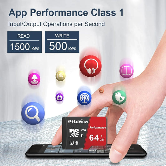 Laview 64GB Micro SD Card, Micro SDXC UHS-I Memory Card – 95Mb/S,633X,U3,C10, Full HD Video V30, A1, FAT32, High Speed Flash TF Card P500 for Computer with Adapter/Phone/Tablet/Pc