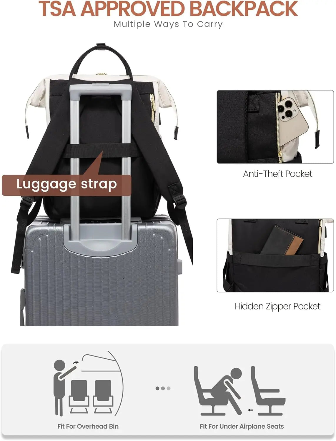 LOVEVOOK Laptop Backpack for Women Work Travel Backpack Purse, Teacher Doctor Nurse Bags College Backpack, Waterproof Computer Backpack for Women, 15.6 Inch, Black-Beige-Brown