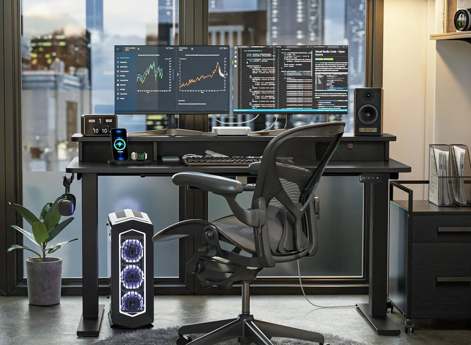 FEZIBO 55 X 24 Inch Height Adjustable Electric Standing Desk with Double Drawer, Stand up Home Office Computer Desk with 4 Height-Adjustable Feets & 2 Hooks, Black