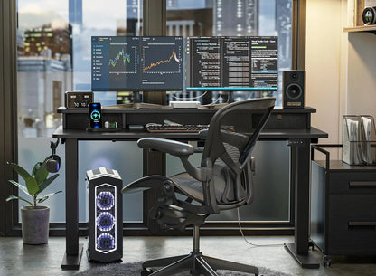 FEZIBO 55 X 24 Inch Height Adjustable Electric Standing Desk with Double Drawer, Stand up Home Office Computer Desk with 4 Height-Adjustable Feets & 2 Hooks, Black