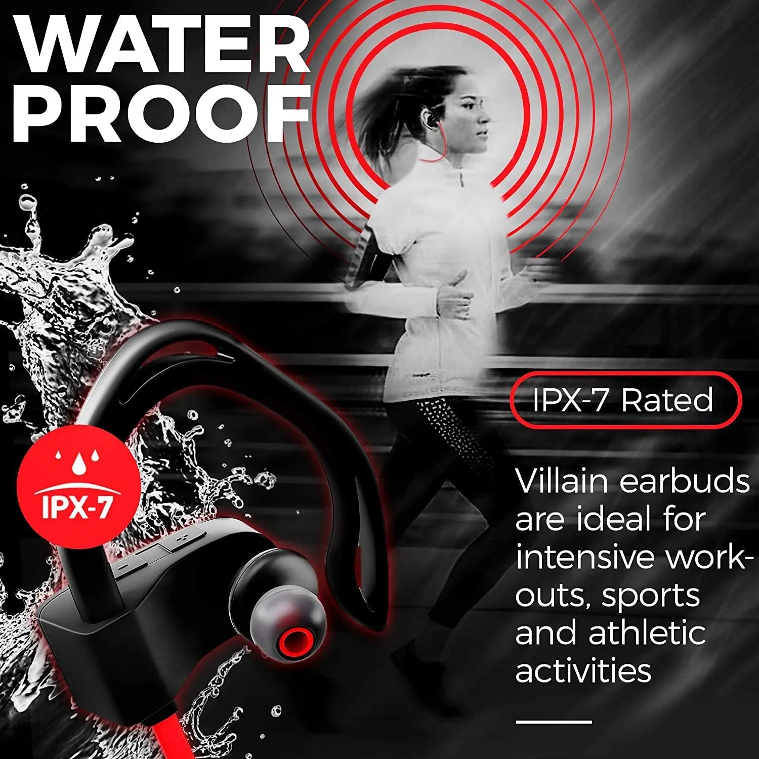 Villain Sport Headphones | Running Headphones | Workout Headphones | Gym Headphones | Wireless Bluetooth Earbuds IPX7 Hifi HD Sound with Thumping Bass