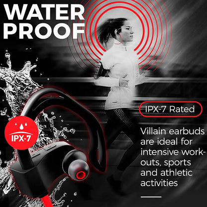 Villain Sport Headphones | Running Headphones | Workout Headphones | Gym Headphones | Wireless Bluetooth Earbuds IPX7 Hifi HD Sound with Thumping Bass