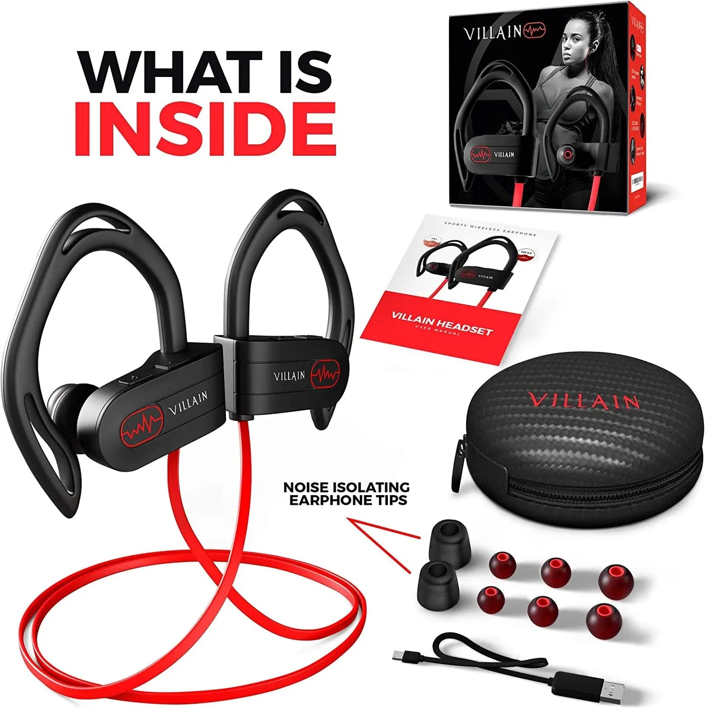 Villain Sport Headphones | Running Headphones | Workout Headphones | Gym Headphones | Wireless Bluetooth Earbuds IPX7 Hifi HD Sound with Thumping Bass