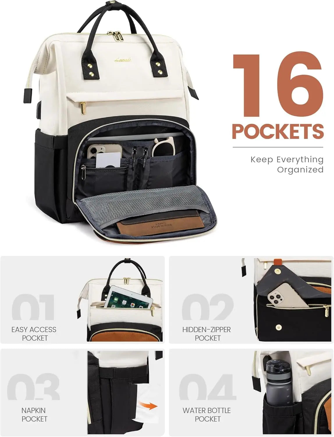 LOVEVOOK Laptop Backpack for Women Work Travel Backpack Purse, Teacher Doctor Nurse Bags College Backpack, Waterproof Computer Backpack for Women, 15.6 Inch, Black-Beige-Brown