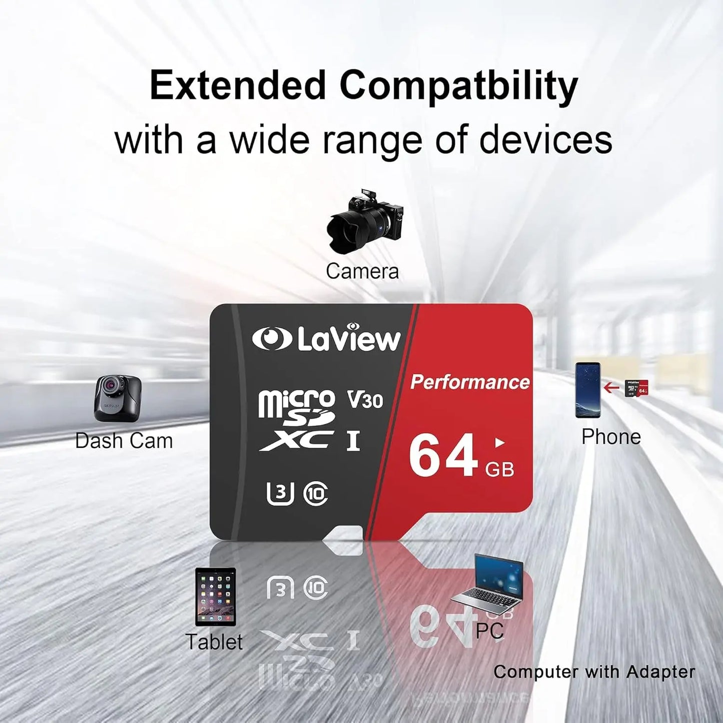Laview 64GB Micro SD Card, Micro SDXC UHS-I Memory Card – 95Mb/S,633X,U3,C10, Full HD Video V30, A1, FAT32, High Speed Flash TF Card P500 for Computer with Adapter/Phone/Tablet/Pc