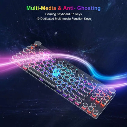 STOGA Mechanical Keyboard, 87 Keys Brown Switch RGB Keyboard with Media Control Knobs, Retro round Keys Gaming Keyboard, Black